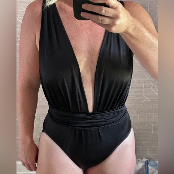 1980s Anne Klein Deep V Plunge Belted Bodysuit Swimsuit Resort Cabana 90s VTG - Picture 3 of 8